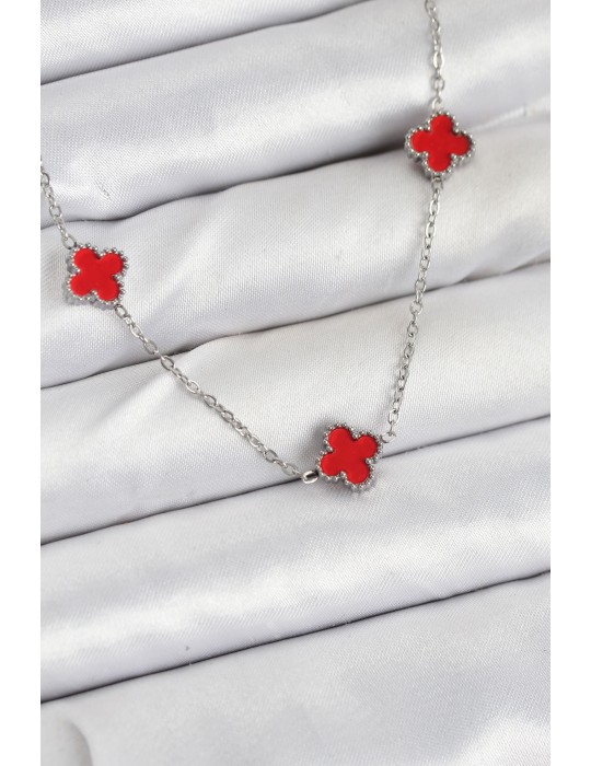 316L Çelik Zincir Gümüş Renk Kırmızı Baby Boy Yonca Kadın Kolye - TJ-BKO10581