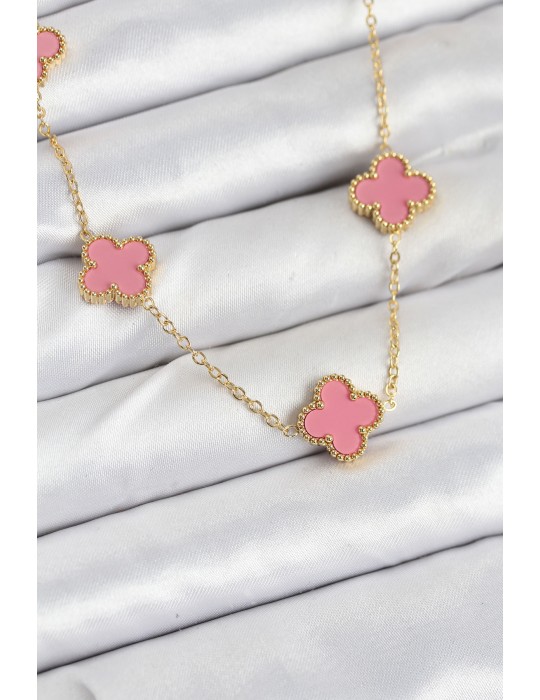 316L Çelik Zincir Gold Pembe Renk Yonca Kadın Kolye - TJ-BKO10583