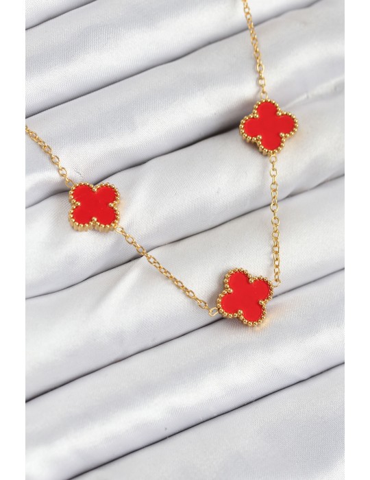 316L Çelik Zincir Gold Kırmızı Renk Yonca Kadın Kolye - TJ-BKO10585