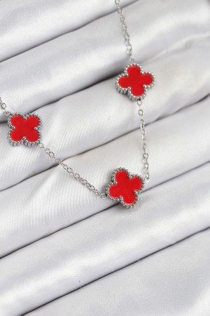 316L Çelik Zincir Gümüş Kırmızı Renk Yonca Kadın Kolye - TJ-BKO10586