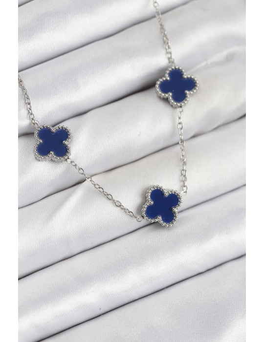 316L Çelik Zincir Gümüş Lacivert Renk Yonca Kadın Kolye - TJ-BKO10587