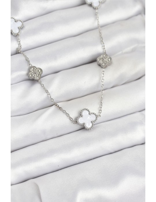 316L Çelik Zincir Gümüş Renk Beyaz ve Zirkon Taşlı Yonca Kadın Kolye - TJ-BKO10588