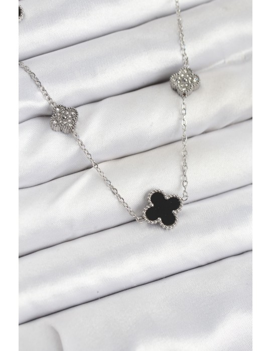 316L Çelik Zincir Gümüş Renk Siyah ve Zirkon Taşlı Yonca Kadın Kolye - TJ-BKO10589