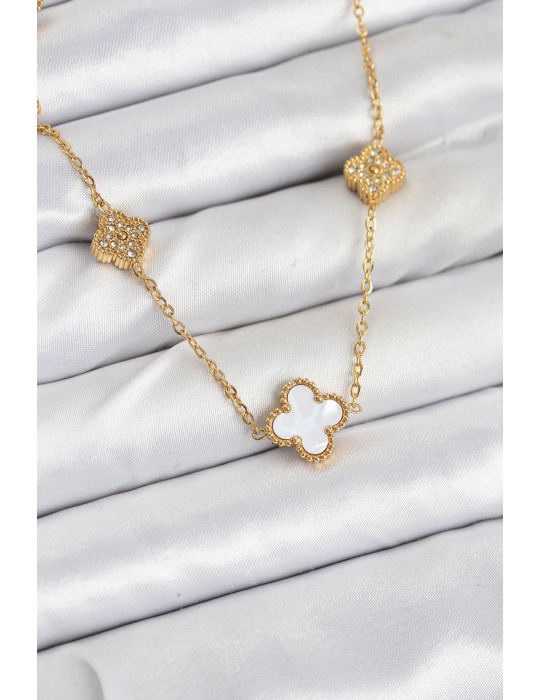 316L Çelik Zincir Gold Renk Beyaz ve Zirkon Taşlı Yonca Kadın Kolye - TJ-BKO10590