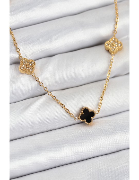 316L Çelik Zincir Gold Renk Siyah ve Zirkon Taşlı Baby Boy Yonca Kadın Kolye - TJ-BKO10592