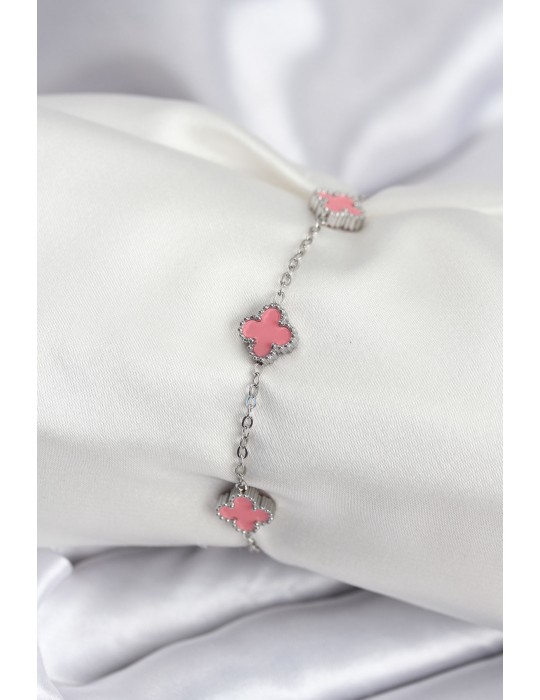 316L Çelik Gümüş Renk Pembe Baby Boy Yonca Kadın Bileklik - TJ-BB7947