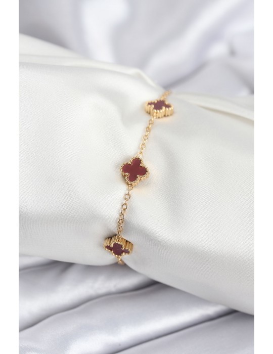 316L Çelik Gold Renk Bordo Baby Boy Yonca Kadın Bileklik - TJ-BB7950