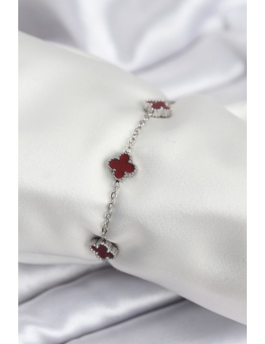 316L Çelik Gümüş Renk Bordo Baby Boy Yonca Kadın Bileklik - TJ-BB7951