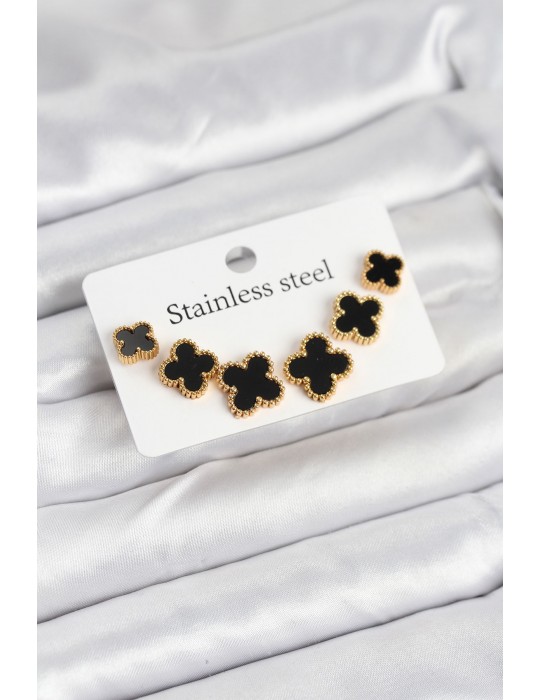 316L Çelik Gold Siyah Renk 3 Boy Yonca Küpe Seti - TJ-BKP11235