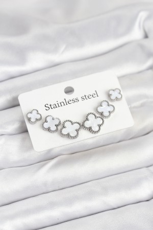 316L Çelik Gümüş Beyaz Renk 3 Boy Yonca Küpe Seti - TJ-BKP11236