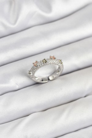 Pirinç Gümüş Renk Zirkon Taşlı Vintage Kadın Yüzük - TJ-BYK3833