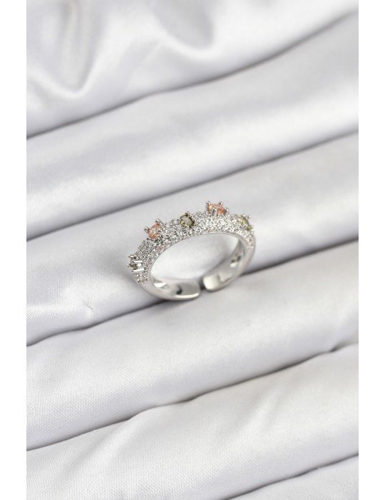 Pirinç Gümüş Renk Zirkon Taşlı Vintage Kadın Yüzük - TJ-BYK3833