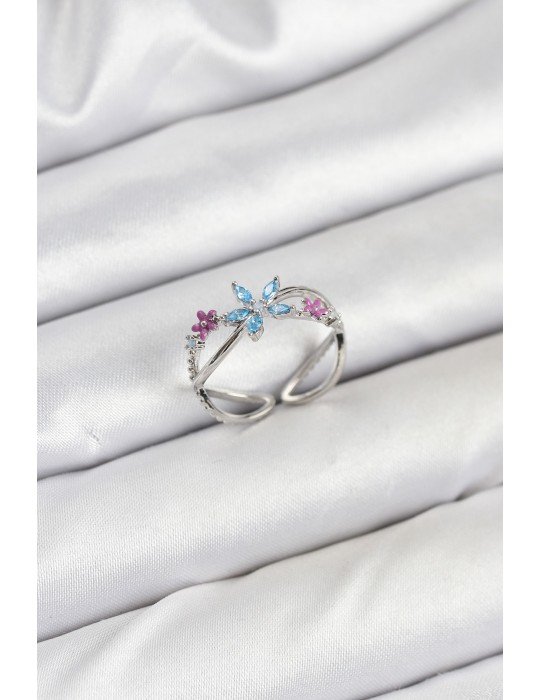 Pirinç Gümüş Renk Zirkon Taşlı Mavi Çiçekli Kadın Yüzük - TJ-BYK3835