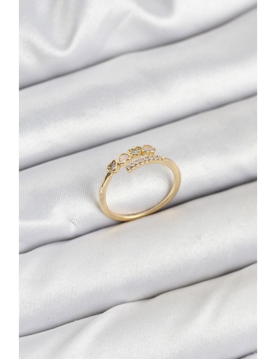 Pirinç Gold Renk Kalpli Detaylı Zirkon Taşlı Kadın Yüzük - TJ-BYK3840