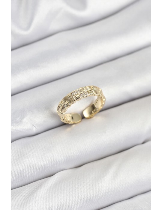 Pirinç Gold Renk Zirkon Taşlı Sırım Kadın Yüzük - TJ-BYK3846