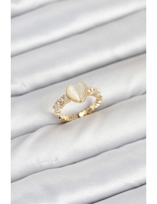 Pirinç Gold Renk Zirkon Taşlı Kalpli Kadın Yüzük - TJ-BYK3856