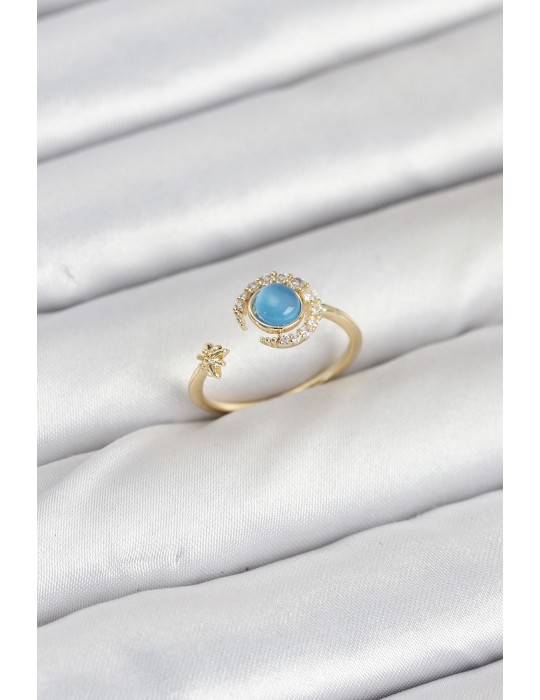 Pirinç Gold Renk Zirkon Taşlı Ay Yıldız Kadın Yüzük - TJ-BYK3860