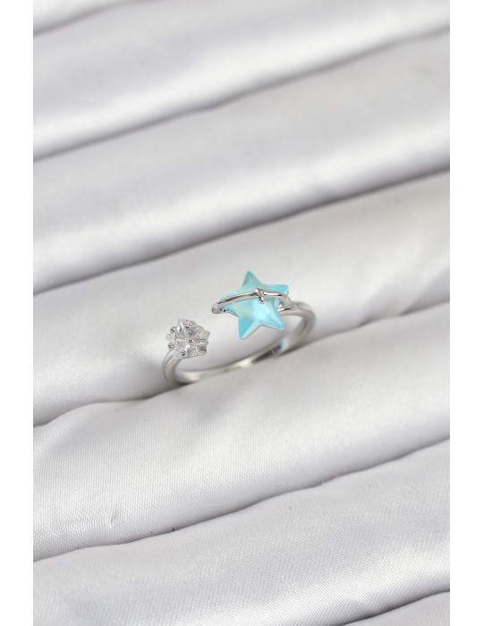 Pirinç Gümüş Renk Mavi Yıldızlı Model Kadın Yüzük - TJ-BYK3869