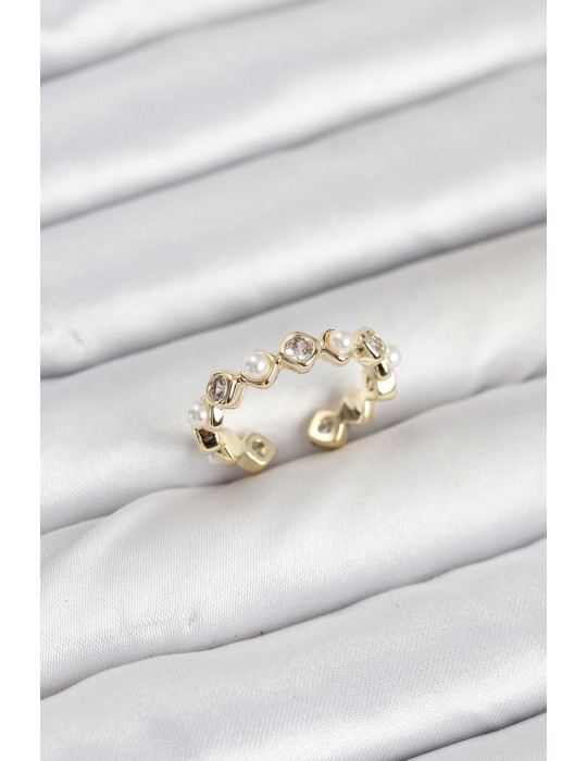 Pirinç Gold Renk Zirkon Taşlı İncili Kadın Yüzük - TJ-BYK3876