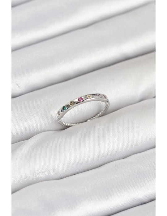 Pirinç Gümüş Renk Renkli Zirkon Taşlı Kadın Yüzük - TJ-BYK3885