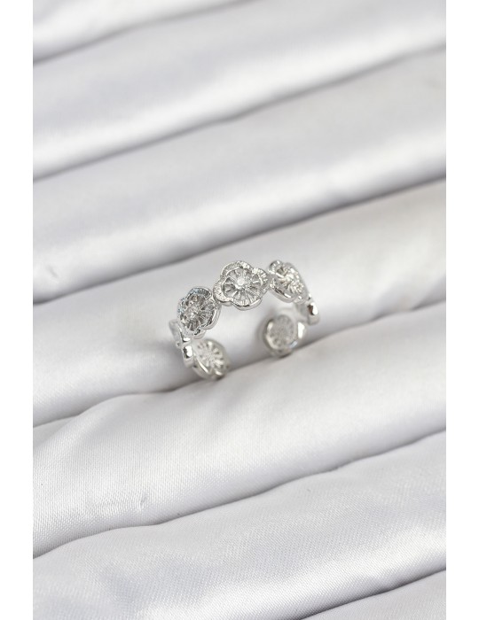 Pirinç Gümüş Renk Yonca Model Kadın Yüzük - TJ-BYK3895