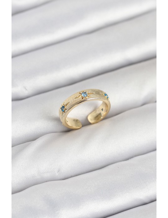 Pirinç Gold Renk Mavi Zirkon Taşlı Kutup Yıldızı Model Kadın Yüzük - TJ-BYK3896