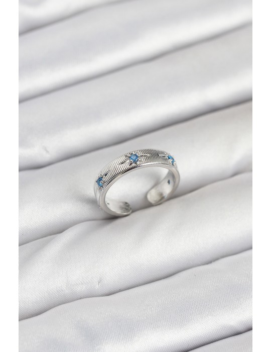 Pirinç Gümüş Renk Mavi Zirkon Taşlı Kutup Yıldızı Model Kadın Yüzük - TJ-BYK3897