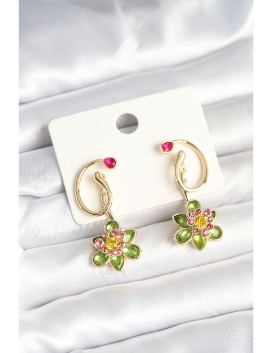 Pirinç Gold Renk Zirkon Taşlı Çiçek Model Kadın Küpe - TJ-BKP11249