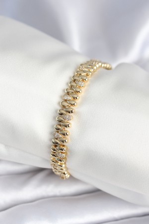 Pirinç Gold Renk Damla Model Zirkon Taşlı Kadın Bileklik - TJ-BB7972