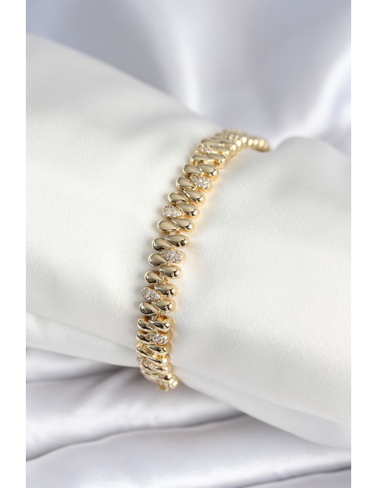 Pirinç Gold Renk Damla Model Zirkon Taşlı Kadın Bileklik - TJ-BB7972