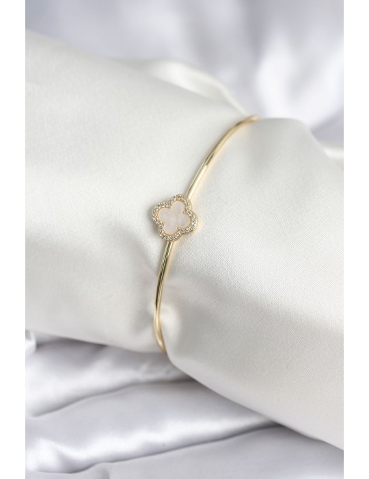 Beyaz Sedefli Yonca Model Gold Renk Kadın Bileklik - TJ-BB8005
