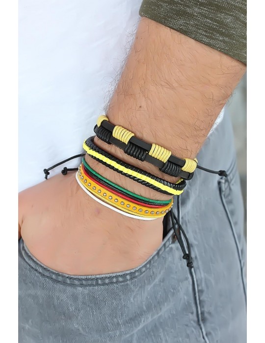 Sarı Renk Zımbalı Deri Erkek Bileklik Kombini - TJ-EB1342