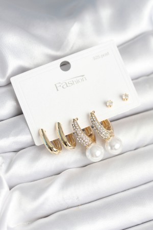 Pirinç Gold Renk Zirkon Taşlı İnci Detaylı 925 Ayar Gümüş Çivili Kadın Küpe Seti - TJ-BKP11252 Pirinç Gold Renk Zirkon Taşlı İnci Detaylı 925 Ayar Gümüş Çivili Kadın Küpe Seti - TJ-BKP11252