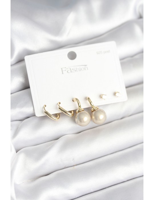 Pirinç Gold Renk İnci Detaylı 925 Gümüş Çivili Kadın Küpe Seti - TJ-BKP11253