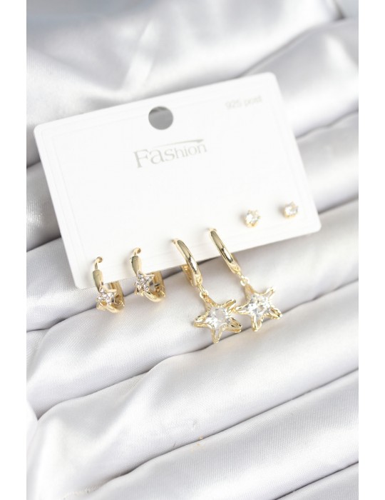 Pirinç Gold Renk Yıldız Model 925 Gümüş Çivili Kadın Küpe Seti - TJ-BKP11256