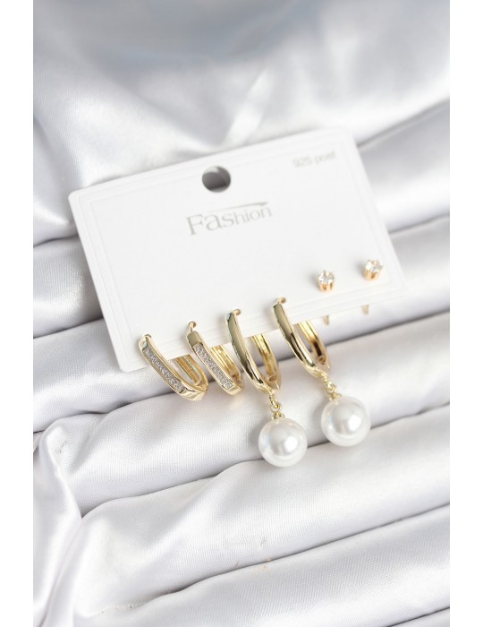 Pirinç Gold Renk İnci Detaylı 925 Ayar Gümüş Çivili Kadın Küpe Seti - TJ-BKP11259