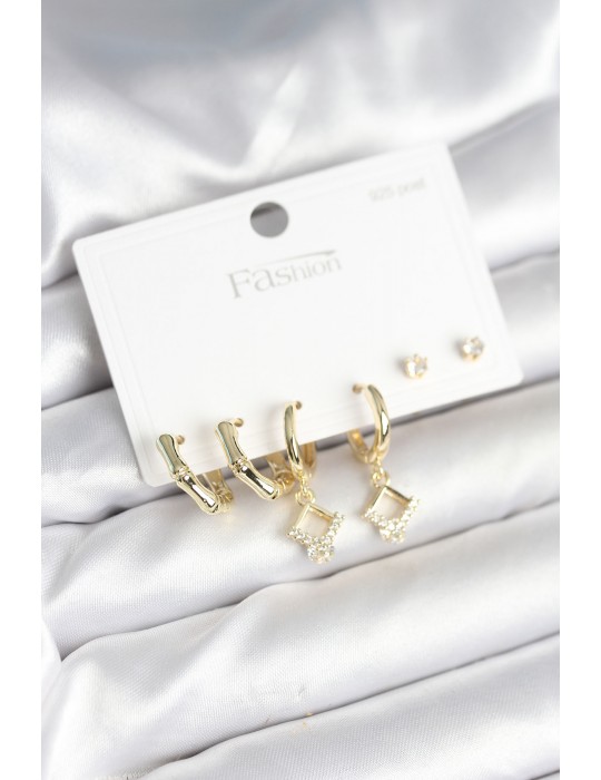 Pirinç Gold Renk 925 Ayar Gümüş Çivili Kadın Küpe Seti - TJ-BKP11260