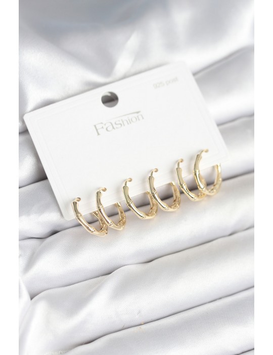 Pirinç Gold Renk Kemik Halka Model 925 Ayar Gümüş Çivili Kadın Küpe Seti - TJ-BKP11261