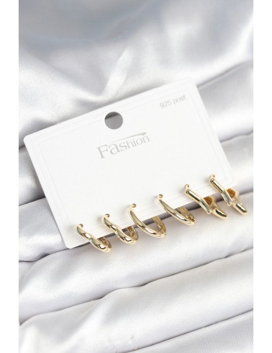 Pirinç Gold Renk Kalp Yıldız ve Halka Model 925 Ayar Gümüş Çivili Kadın Küpe Seti - TJ-BKP11262