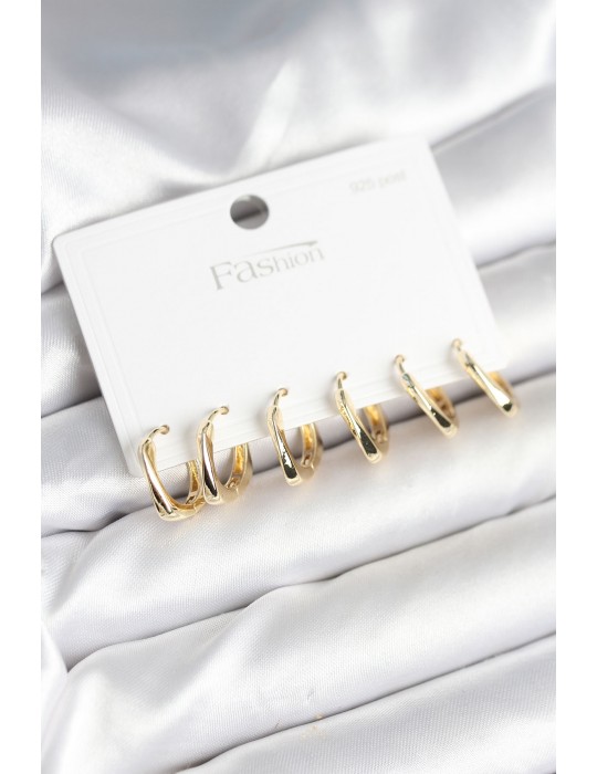 Gold Renk Pirinç Kare Halka Model 925 Ayar Gümüş Çivili Kadın Küpe Seti - TJ-BKP11266