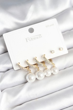 Gold Renk Zirkon Taşlı Pirinç İncili 925 Ayar Gümüş Çivili Küpe Seti - TJ-BKP11267 Gold Renk Zirkon Taşlı Pirinç İncili 925 Ayar Gümüş Çivili Küpe Seti - TJ-BKP11267