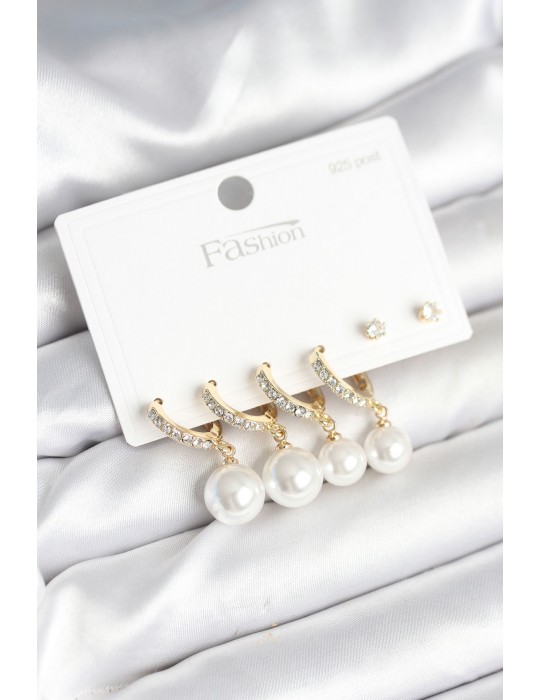 Gold Renk Zirkon Taşlı Pirinç İncili 925 Ayar Gümüş Çivili Küpe Seti - TJ-BKP11267