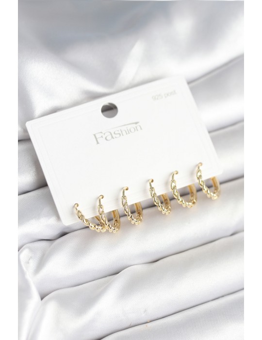 Gold Renk Burgu Halka Model 925 Ayar Gümüş Çivili Pirinç Küpe Seti - TJ-BKP11268