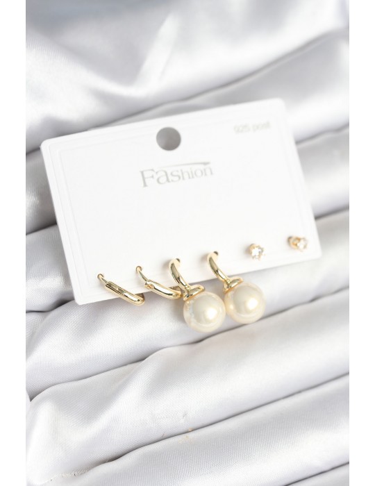 Gold Renk Pirinç 925 Ayar Gümüş Çivili Kadın Küpe Seti - TJ-BKP11269