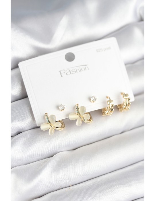 Model Gold Renk Pirinç 925 Ayar Gümüş Çivili Kadın Küpe Seti - TJ-BKP11271