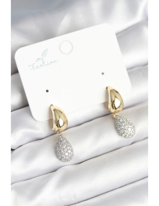 Gold Renk Zirkon Taşlı Damla Pirinç Kadın Küpe - TJ-BKP11288