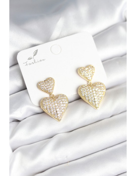 Kalp Model Zirkon Taşlı Gold Renk Pirinç Kadın Küpe - TJ-BKP11290