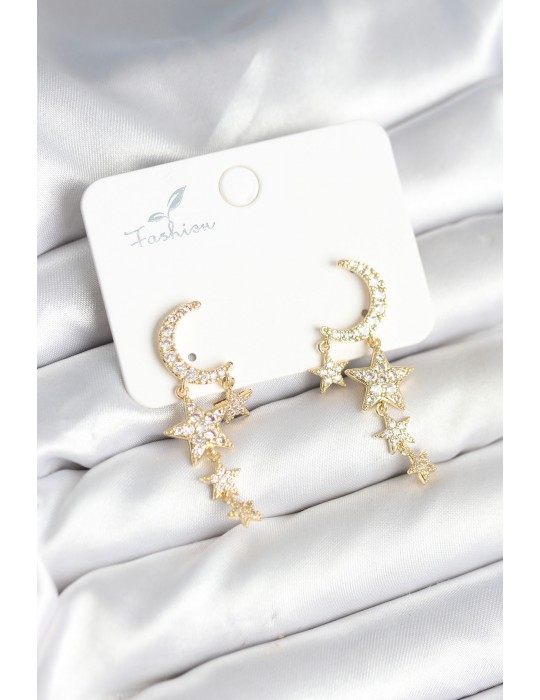 Ay ve Yıldız Model Gold Renk Pirinç Kadın Küpe - TJ-BKP11295