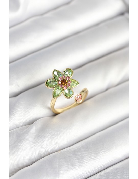 Çiçek Model Yeşil Pirinç Gold Renk Yüzük - TJ-BYK3901
