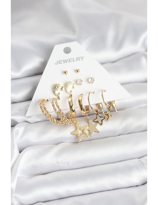 Gold Renk Yıldızlı Set 6 Çift Kadın Küpe Seti - TJ-BKP11320